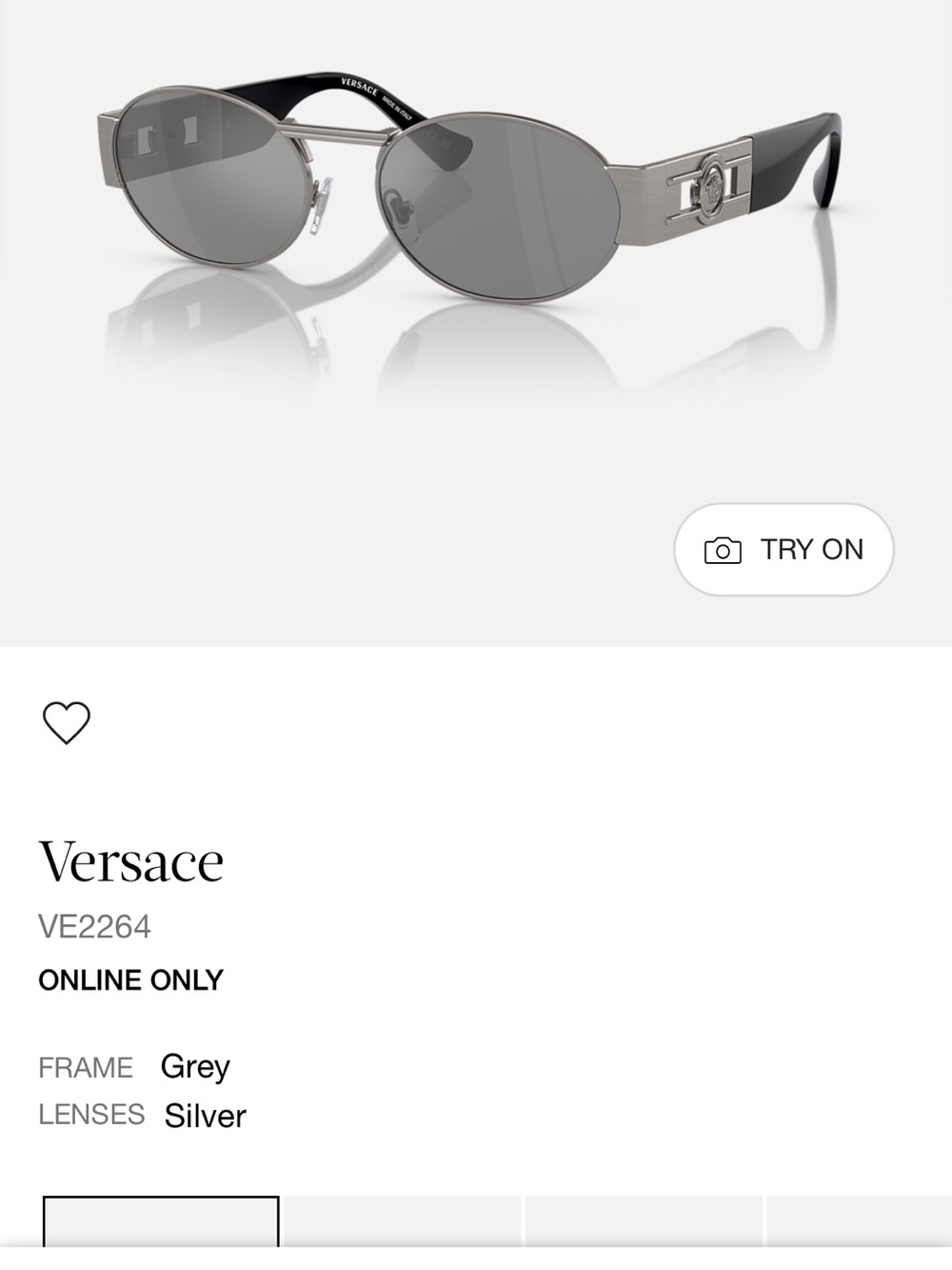 Versace Silver Lens Grey Frame Oval Sunglasses
